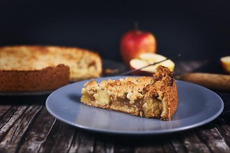 Slice of traditional European apple pie with topping crumbles on plate,