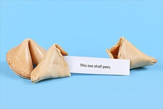 Broken up and whole fortune cookie with motivational text This too shall pass on paper note on blue background,