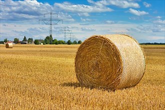 Large round hay bale on agricultural field in front of blue sky,