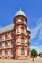 Tower of renaissance castle called 'Schloss Gottesaue' in Karlsruhe city in Germany. Seat of the Karlsruhe University of Music,