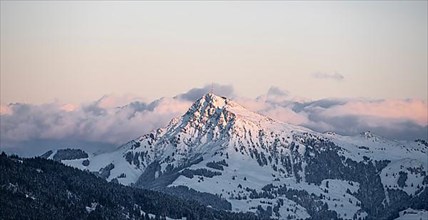 View of the Kitzbueheler Horn, Alps in winter with snow-covered mountains