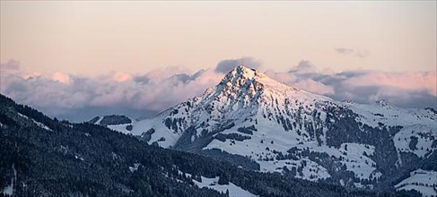 View of the Kitzbueheler Horn, Alps in winter with snow-covered mountains