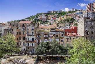 Viewing terrace in the market district of Montesanto with Vomero and Castel Sant Elmo, Naples