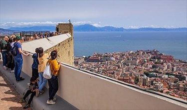 Viewing terrace from Castel Sant Elmo with city centre by the sea, Naples