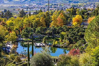 Autumn colours in the gardens of Trauttmansdorff Castle, in the background the Mutspitze