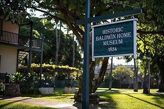 Historic Baldwin Home Museum sign in Lahaina Town, Maui