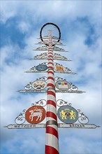 Maypole with professional symbols on a market place in Bayreuth, Bavaria