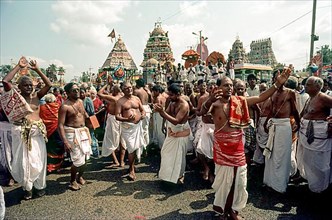Procession of the bhajan troupe procession around Mahamakham tank during Mahamakham Mahamaham Mahamagam festival in Kumbakonam, Tamil Nadu