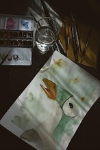 Painted goose, watercolour painting with water glass