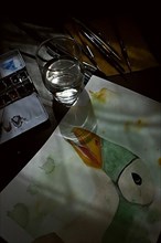 Painted goose, watercolour painting with water glass