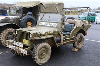 Off-road Jeep Willys MB of the American Army from the 1940s, here version of the Military Police at a classic car meeting in Landernau