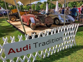Open Air Exhibition of Audi Tradition with historical sports cars racing car brand hiker, left hiker 25 K Roadster