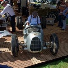 Car mechanic from Audi Tradition prepares historic racing car from Auto Union for car racing show at Classic Days, Schloss Dyck