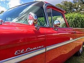 Dynamic side view of classic historic pick-up Chevrolet El Camino, above lettering El Camino