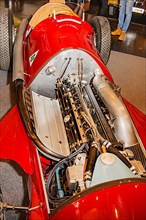 View into engine compartment of historic Italian racing car Alfa Romeo GP Tipo 158 Alfetta first Formal 1 winner 1950 50s, fair Techno Classica