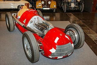 Historic Italian racing car Alfa Romeo GP Tipo 158 Alfetta first Formal 1 winner 1950 50s with opened bonnet, Techno Classica fair