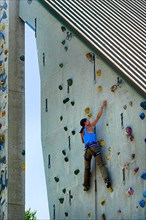 Woman hanging on climbing wall, climbing tower of the German Alpine Club