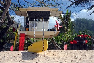 Hawaiian lifeguard tower and equipment in Banzai Pipeline, Hawaii