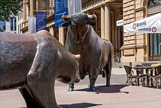 Bull and Bear on the Stock Exchange Square in front of the Frankfurt Stock Exchange, bronze sculptures by Reinhard Dachlauer