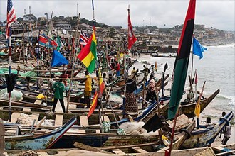 Traditional fishing boats, flags