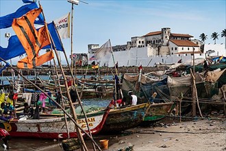Colourful flags, fishing boats