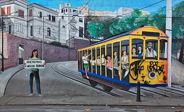 Mural with tram in the artists' quarter Santa Teresa, Rio de Janeiro