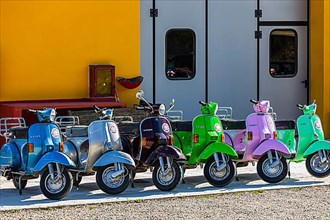 Coloured Vespa scooters, lined up