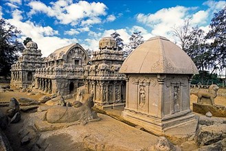 7th century monolithic rock cut shrines called the Five Rathas in Mahabalipuram Mamallapuram near Chennai, Tamil Nadu
