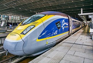 Eurostar express train travelling through the Channel Tunnel at St Pancras station, London