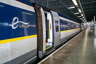 Eurostar express train travelling through the Channel Tunnel at St Pancras station, London