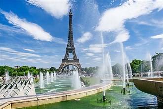 Water fountains in front of the Eiffel Tower, Paris