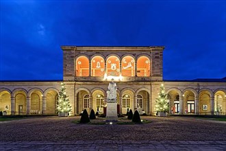 Christmas illuminated arcade building at dusk, Rossini Hall