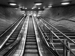 Black and white, escalator at Unter den Linden underground station