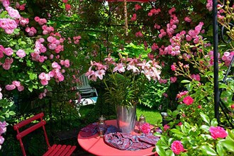 Roses in pavilion with bouquet of lilies