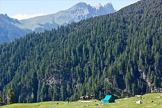 Camp in Himalayas mountains. Kullu Valley