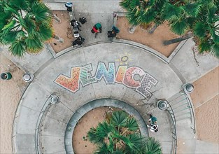 Aerial Overhead View of Venice Beach Skatepark Sign in Colorful letters HQ