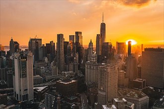 Uptown Manhattan in Golden Hour Sunset Light with Skyline of Skyscrapers Drone Shot HQ