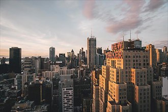 View of New Yorkers Hotel in Manhattan with View over Skyline and Tall Skyscrapers in Sunset Light HQ
