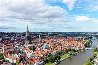 Aerial view of Ulm on the Danube with Ulm Cathedral in fine weather. Ulm