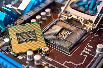 The motherboard processor is removed from above close up CPU closeup