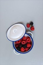 Raspberries and blackberries in pots