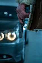 Criminal man with gun in hand in front of 7 series BMW underground