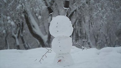 Happy funny snowman acrobat standing on his head