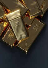 Gold bar lying on a dark background. 3D rendering. Illustration