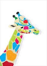 Watercolor style drawing of a colored giraffe over white background
