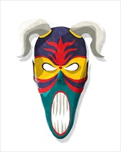 Scarry horned tribal mask in watercolor style over white