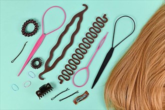 Various hair styling tools like bun maker