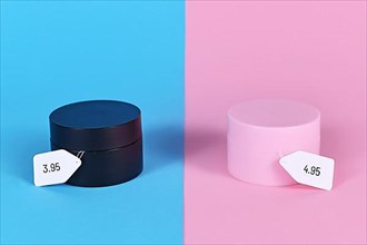 Concept for pink tax showing pink and black facial creams targeted at specific genders with different price tags