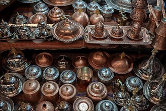Copper souvenirs in bakircilar bazaar of Gaziantep
