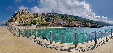 Panorama on the harbour promenade of Pizzo with town view and the medieval castle of Murat